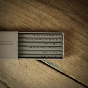 A grey slide-out box containing six drawing pencils. Each pencils is embossed with a word relating to psychoanalysis: Defence Mechanism The Pleasure Principle Gratitude Transitional Object Projection Sublimation
