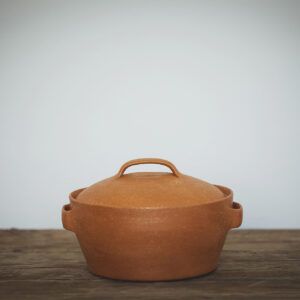 Terracotta cooking pot on a wooden table against a neutral backdrop
